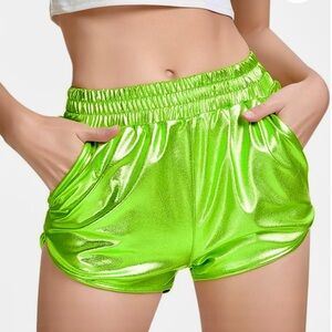 Makarthy Womens Shiny Metallic Green Elastic Waist Hot Rave Dance Shorts Size XS